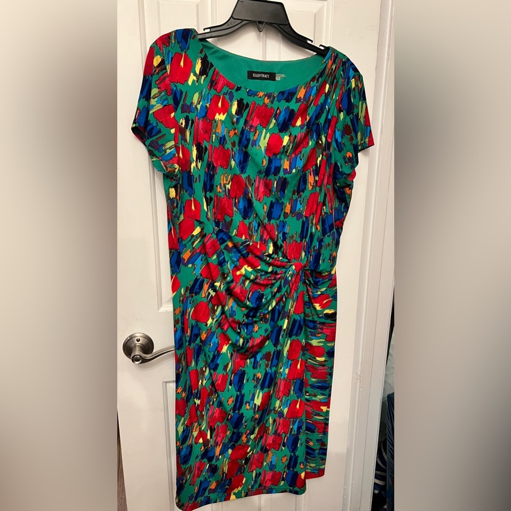 Ellen Tracy “Abstract Green” faux-wrap dress (size 16)